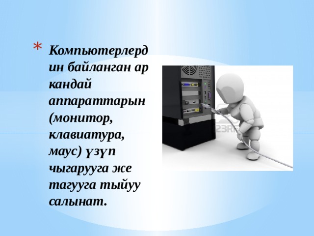 Компьютерлердин байланган ар кандай аппараттарын (монитор, клавиатура, маус) үзүп чыгарууга же тагууга тыйуу салынат. 