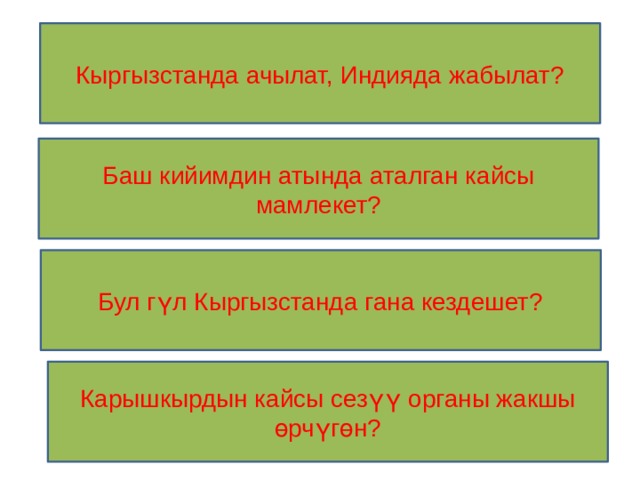 Кыргызстанда ачылат, Индияда жабылат? Баш кийимдин атында аталган кайсы мамлекет? Бул гүл Кыргызстанда гана кездешет? Карышкырдын кайсы сезүү органы жакшы өрчүгөн? 