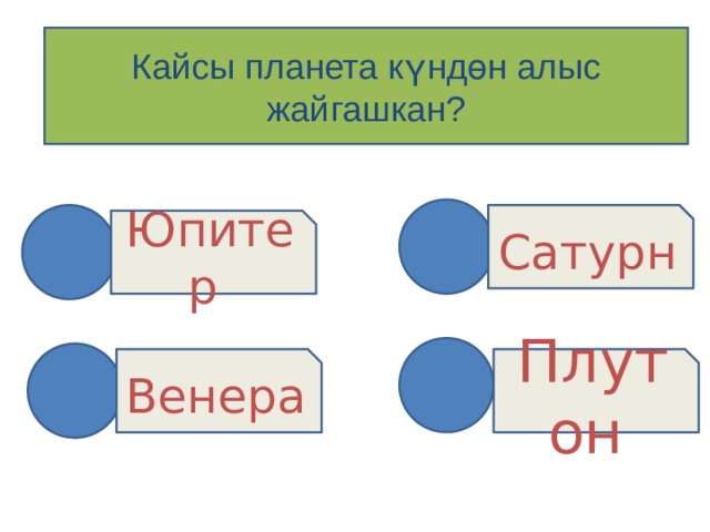Кайсы планета күндөн алыс жайгашкан? Сатурн Юпитер Плутон  Венера  