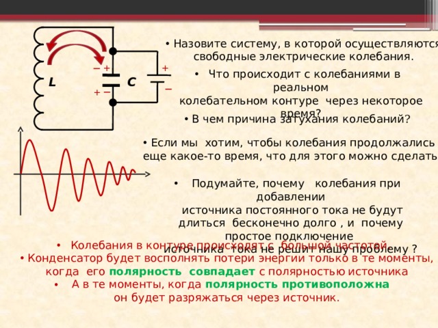 Свободные электрические колебания. Свободные электрические колебания в колебательном контуре. Затухание колебаний в колебательном контуре. Причины затухания колебаний. Затухание колебательного контура.