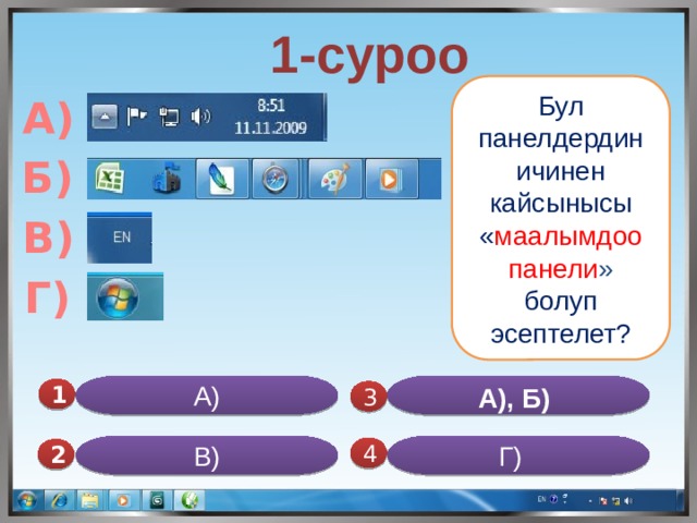  1-суроо Бул панелдердин ичинен кайсынысы « маалымдоо панели »  болуп эсептелет? А) Б) В) Г) А) А), Б)  1  3 В) Г) 4 2 