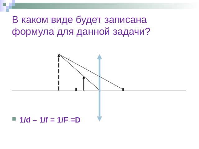 В каком виде будет записана формула для данной задачи? 1 / d – 1 / f = 1 / F =D 