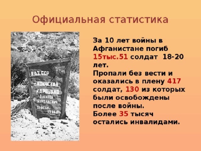 Война в Афганистане продолжалась девять лет. Общие потери: Советская армия, ведущая активные боевые действия на чужой территории в горах, теряла в среднем по 1668 человек в год. Нашими войсками было уничтожено до 800 тысяч мятежников.  