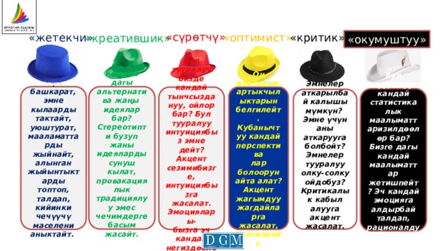 «сүрөтчү» «оптимист» «критик» «жетекчи» «креатившик» «окумуштуу» Баарын башкарат, эмне кылаарды тактайт, уюштурат, мааламаттарды жыйнайт,  алынган жыйынтыктарды топтоп, талдап, кийинки чечүүчү маселени аныктайт.  Кандай дагы альтернатива жаңы идеялар бар? Стереотипти бузуп жаны идеяларды сунуш кылат, провакациялык традициялуу эмес чечимдерге басым жасайт.       Бул тууралуу бизде кандай тынчсыздануу, ойлор бар? Бул тууралуу интуициябыз эмне дейт? Оң жактарын, артыкчылыктарын белгилейт. Акцент сезимибизге, интуициябызга жасалат. Эмоциялары- Кубанычтуу кандай перспектива бызга эч кандай негиздөөлөр жок. лар болоорун айта алат?  Акцент жагымдуу жагдайларга жасалат, белгиленет.    Бул тууралуу кандай статистика лык маалыматтаризилдөөлөр бар? Бизге дагы кандай маалыматтар жетишпейт? Эч кандай эмоцияга алдырбай талдап, рационалдуу өзөгүн табат.   Эмнелер аткарылбай калышы мүмкүн? Эмне үчүн аны аткарууга болбойт? Эмнелер тууралуу олку-солку ойдобуз? Критикалык кабыл алууга акцент жасалат.   