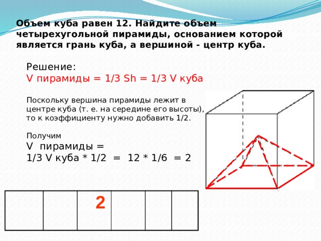 Объем пирамиды равен 12