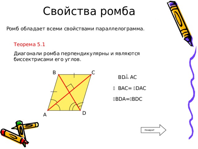 Сформулируйте и докажите свойства диагоналей ромба. Свойства диагоналей ромба. Диагонали ромба перпендикулярны и являются биссектрисами. Диагонали ромба являются его биссектрисами. Диагонали ромба перпендикулярны и являются биссектрисами его углов.