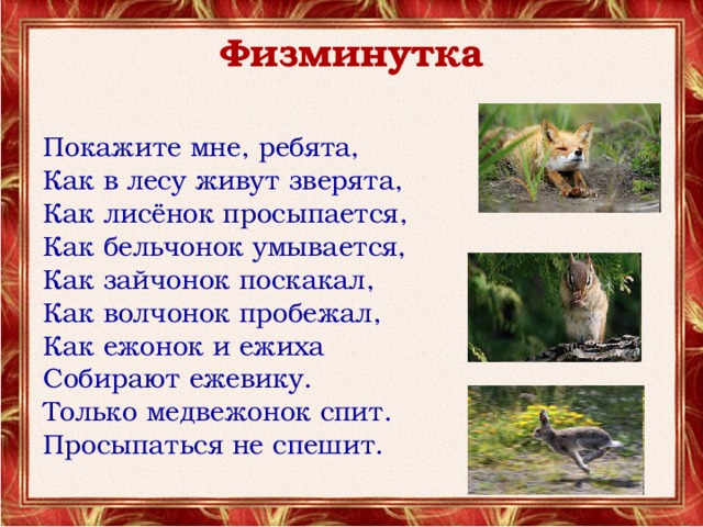  Физминутка   Покажите мне, ребята, Как в лесу живут зверята, Как лисёнок просыпается, Как бельчонок умывается, Как зайчонок поскакал, Как волчонок пробежал, Как ежонок и ежиха Собирают ежевику. Только медвежонок спит. Просыпаться не спешит. 
