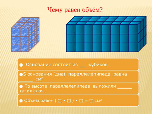 Чему равен объём? ● Основание состоит из ___ кубиков. ● S основания (дна) параллелепипеда равна ______ см² ● По высоте параллелепипеда выложили _______ таких слоя. ● Объём равен ( □ • □ ) • □ = □ см³ 11 