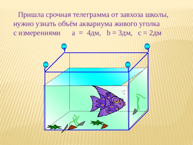  Пришла срочная телеграмма от завхоза школы, нужно узнать объём аквариума живого уголка с измерениями a = 4дм, b = 3дм, c = 2дм 