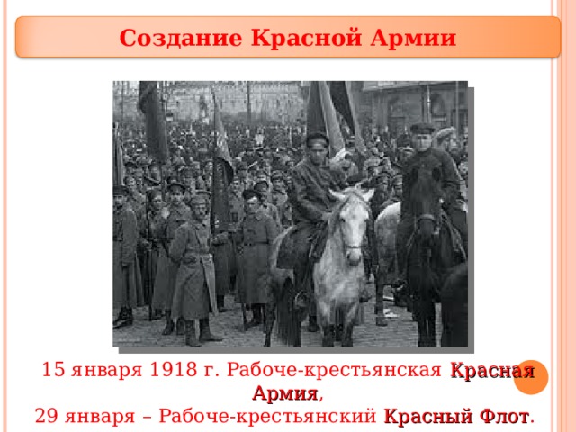 Создание Красной Армии 15 января 1918 г. Рабоче-крестьянская Красная Армия , 29 января – Рабоче-крестьянский Красный Флот . 14 