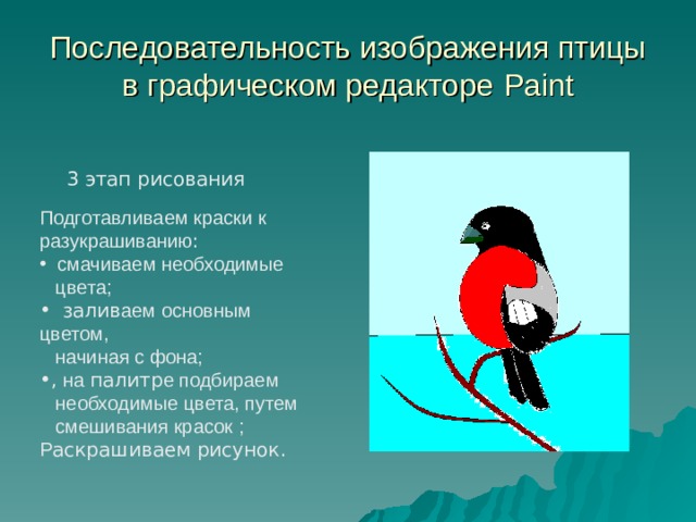 Последовательность изображения птицы в графическом редакторе Paint 3 этап рисования  Подготавливаем краски к разукрашиванию :  смачиваем необходимые  цвета;   залив аем основным цветом,  начиная с фона; , на палитр е подбираем  необходимые цвета, путем  смешивания красок  ; Р аскрашиваем рисунок. 