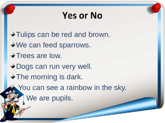 Tulips can be red and brown. We can feed sparrows. Trees are low. Dogs can run very well. The morning is dark.  You can see a rainbow in the sky.  We are pupils. 