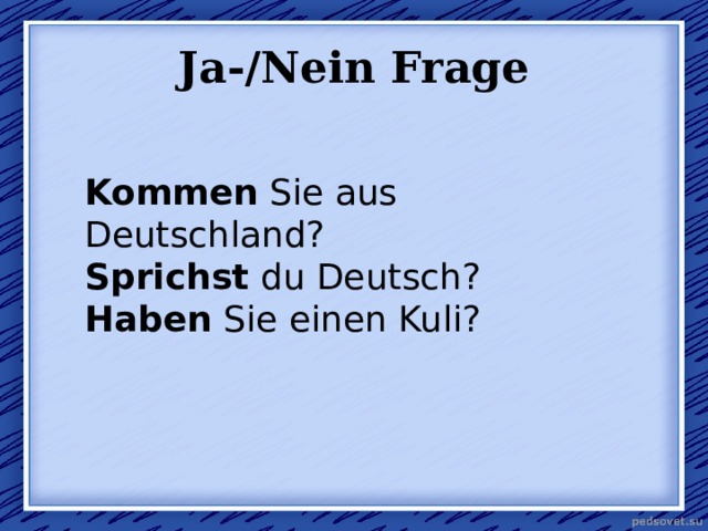 Ja-/Nein Frage  Kommen  Sie aus Deutschland? Sprichst  du Deutsch? Haben  Sie einen Kuli? 