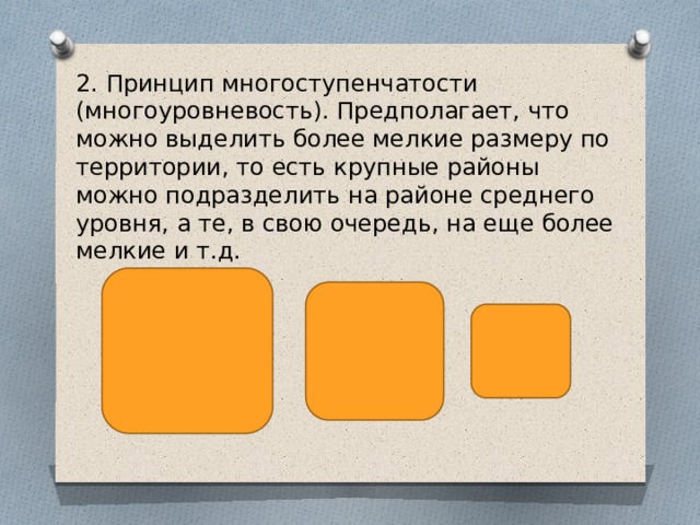 2. Принцип многоступенчатости (многоуровневость). Предполагает, что можно выделить более мелкие размеру по территории, то есть крупные районы можно подразделить на районе среднего уровня, а те, в свою очередь, на еще более мелкие и т.д. 