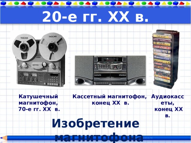 20-е гг. XX в. Кассетный магнитофон,  конец XX в. Катушечный магнитофон, Аудиокассеты,  конец XX в.  70-е гг. XX в. Изобретение магнитофона 