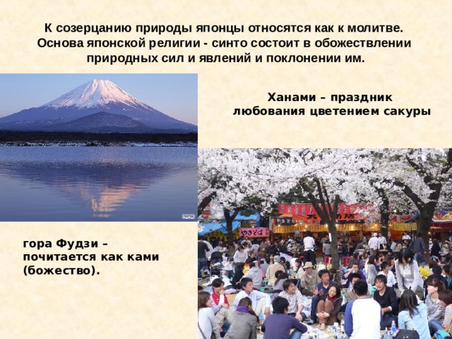 К созерцанию природы японцы относятся как к молитве.  Основа японской религии - синто состоит в обожествлении  природных сил и явлений и поклонении им. Ханами – праздник любования цветением сакуры  гора Фудзи – почитается как ками (божество).  