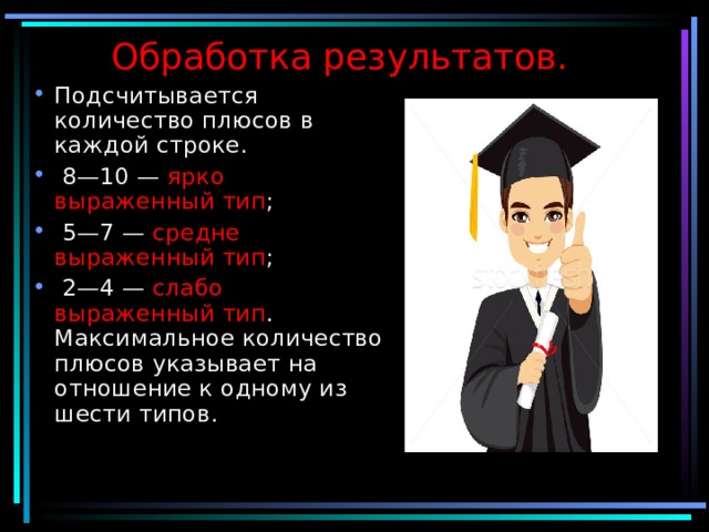 Обработка результатов. Подсчитывается количество плюсов в каждой строке.  8—10 — ярко выраженный тип ;  5—7 — средне выраженный тип ;  2—4 — слабо выраженный тип . Максимальное количество плюсов указывает на отношение к одному из шести типов. 