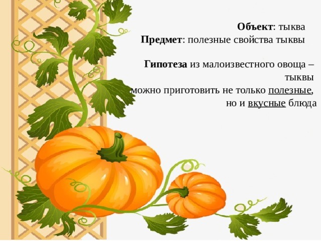 Объект : тыква  Предмет : полезные свойства тыквы Гипотеза из малоизвестного овоща – тыквы можно приготовить не только полезные , но и вкусные блюда 