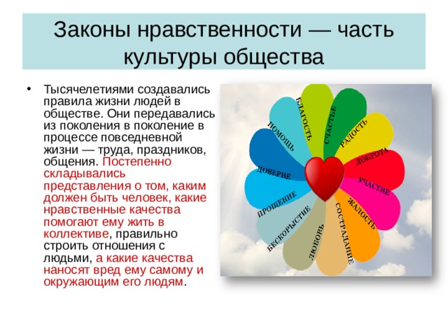 Законы нравственности — часть культуры общества Тысячелетиями создавались правила жизни людей в обществе. Они передавались из поколения в поколение в процессе повседневной жизни — труда, праздников, общения. Постепенно складывались представления о том, каким должен быть человек, какие нравственные качества помогают ему жить в коллективе , правильно строить отношения с людьми, а какие качества наносят вред ему самому и окружающим его людям . 