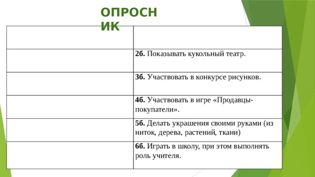 ОПРОСНИК 1а. Сажать и выращивать цветы, деревья. 1б. Ремонтировать сломавшуюся вещь, велосипед, мебель. 2а. Участвовать в играх «Семья», «Детский сад». 2б. Показывать кукольный театр. 3а. Шить, вязать мастерить, ремонтировать игрушки. 3б. Участвовать в конкурсе рисунков. 4а. Ухаживать за животными. 4б. Участвовать в игре «Продавцы-покупатели». 5а. Конструировать постройки из кубиков. 5б. Делать украшения своими руками (из ниток, дерева, растений, ткани) 6а. Выращивать растения, удобрять, поливать, пересаживать их. 6б. Играть в школу, при этом выполнять роль учителя. 