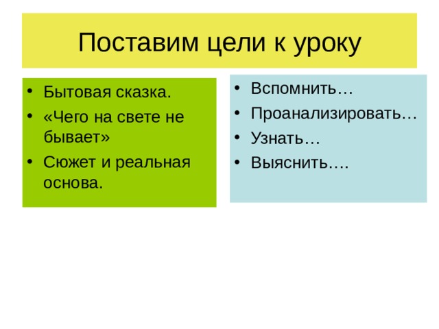 Вспомнить… Проанализировать… Узнать… Выяснить….  Бытовая сказка. «Чего на свете не бывает» Сюжет и реальная основа.  