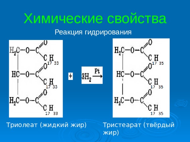 Химические свойства  Реакция гидрирования Триолеат (жидкий жир) Тристеарат (твёрдый жир) 9