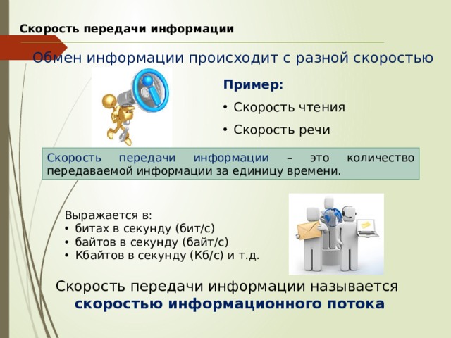 Скорость передачи информации Обмен информации происходит с разной скоростью Пример: Скорость чтения Скорость речи Скорость передачи информации – это количество передаваемой информации за единицу времени. Выражается в: битах в секунду (бит/с) байтов в секунду (байт/с) Кбайтов в секунду (Кб/с) и т.д. Скорость передачи информации называется  скоростью информационного потока  