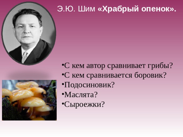 Э.Ю. Шим «Храбрый опенок».   С кем автор сравнивает грибы? С кем сравнивается боровик? Подосиновик? Маслята? Сыроежки?