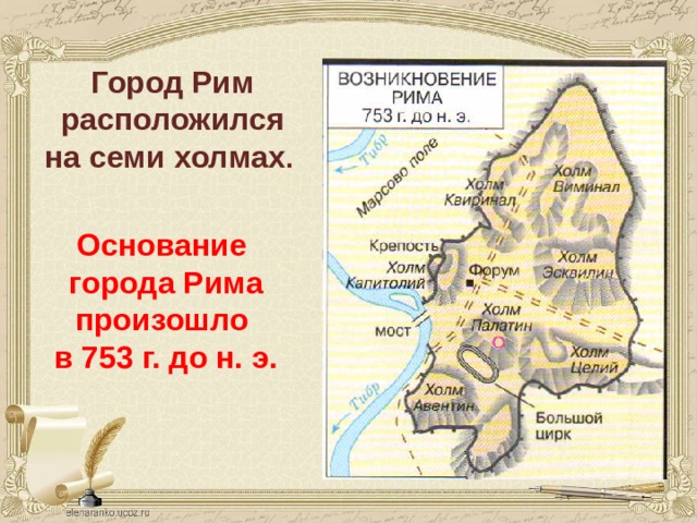 Город Рим расположился на семи холмах . Основание города Рима произошло в 753 г. до н. э. 