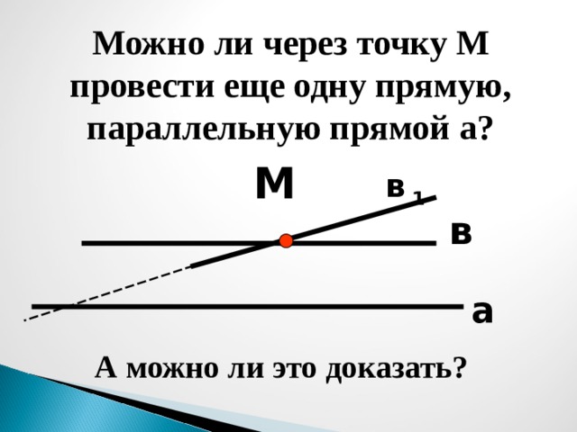 Можно ли через точку М провести еще одну прямую, параллельную прямой а? М в  1 в а А можно ли это доказать? 