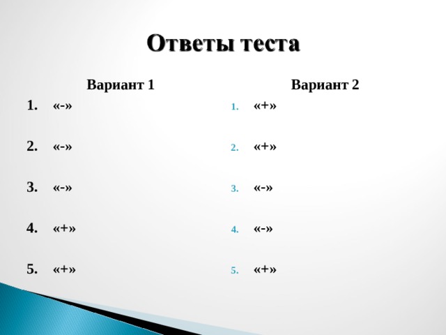 Вариант 1 1. «-»  2. «-» Вариант 2  «+»  «+»  «-»  «-»  «+» 3. «-»      4. «+»  5. «+» 