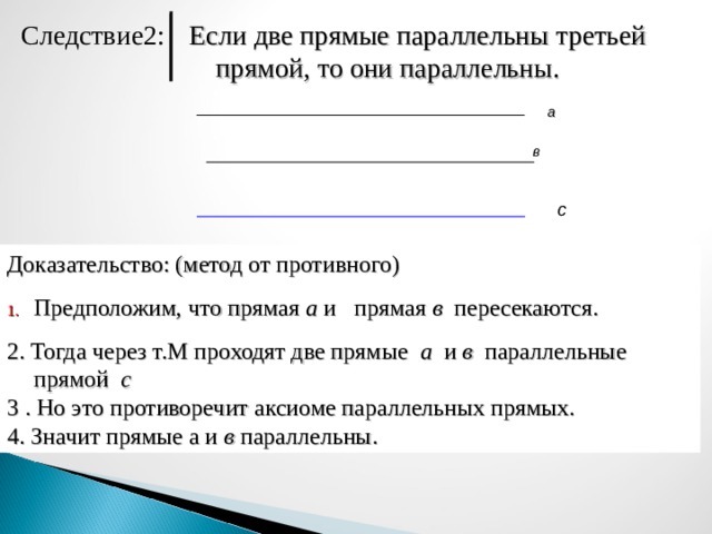 Если две прямые параллельны третьей прямой, то они параллельны. Следствие2: а в с Доказательство: (метод от противного) Предположим, что прямая а и прямая в пересекаются. 2. Тогда через т.М проходят две прямые а и в параллельные прямой с 3 . Но это противоречит аксиоме параллельных прямых. 4. Значит прямые а и в параллельны. 