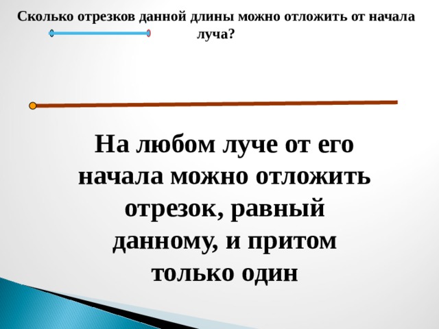 Отложить на луче отрезок равный данному. На любом Луче от его начала можно отложить отрезок. На любом Луче можно отложить отрезок равный данному. YF K.,JV kext JN Tuj yfxfkfj VJ;YJ jnkj;BNM jlby jnhtpjr. На любом Луче от его начала можно отложить отрезок равный данному.