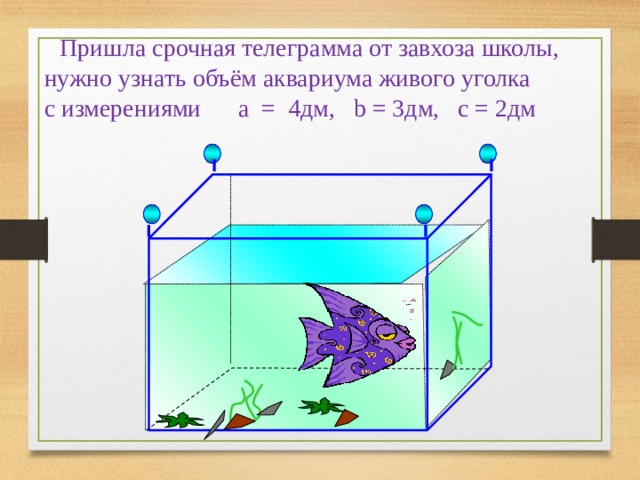  Пришла срочная телеграмма от завхоза школы, нужно узнать объём аквариума живого уголка с измерениями a = 4дм, b = 3дм, c = 2дм 