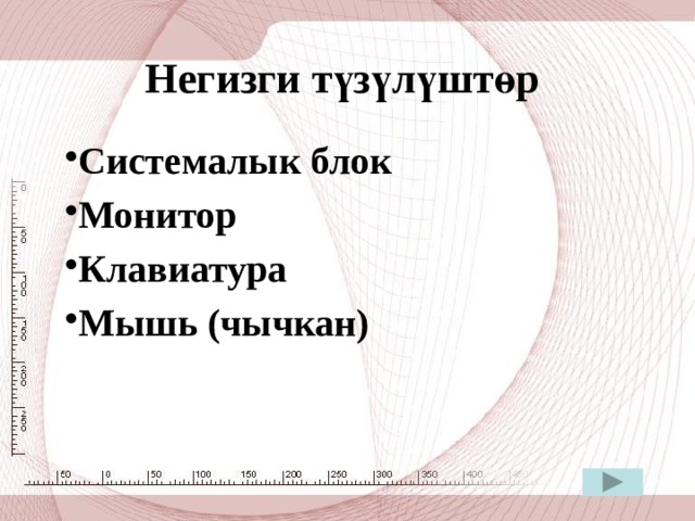 Негизги түзүлүштөр Системалык блок Монитор Клавиатура Мышь (чычкан) 