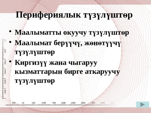 Перифериялык түзүлүштөр  Маалыматты окуучу түзүлүштөр Маалымат берүүчү, жөнөтүүчү түзүлүштөр Киргизүү жана чыгаруу кызматтарын бирге аткаруучу түзүлүштөр 