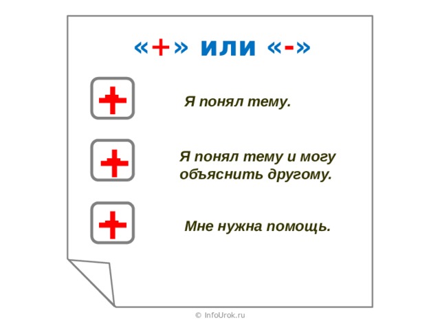 « + » или « - » - + Я понял тему. - + Я понял тему и могу объяснить другому. - + Мне нужна помощь. © InfoUrok.ru 