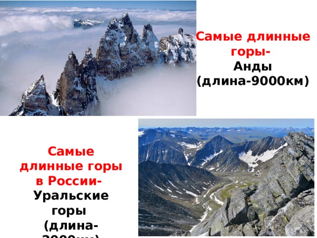Самые длинные горы- Анды (длина-9000км) Самые длинные горы в России- Уральские горы  (длина-2000км) 