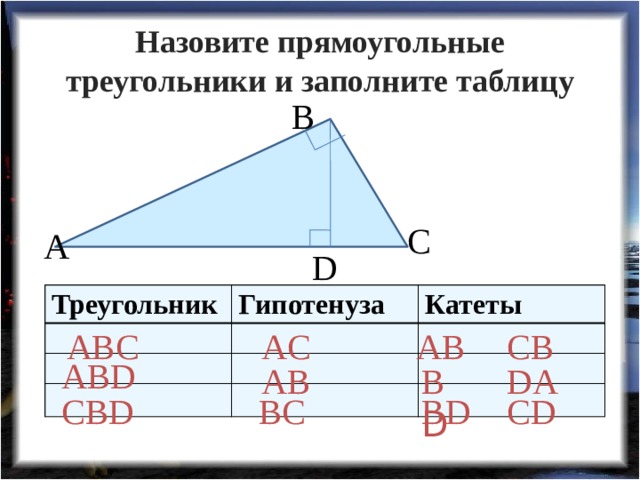 Назовите прямоугольные треугольники и заполните таблицу В С А D Треугольник Гипотенуза Катеты ABC AC AB CB ABD AB B D DA CBD BC BD CD 