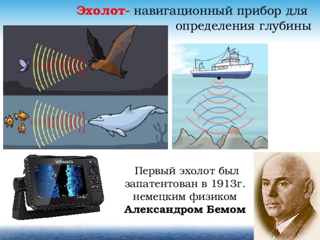 Эхолот- навигационный прибор для  определения глубины Первый эхолот был запатентован в 1913г.  немецким физиком   Александром Бемом  
