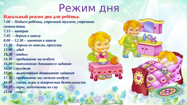 Режим дня Идеальный режим дня для ребёнка. 7.00 – Подъём ребёнка, утренний туалет, утренняя гимнастика. 7.15 – завтрак 7.45 – дорога в школу 8.00 – 12.30 – занятия в школе 12.30 – дорога из школы, прогулка 13.00 – обед 13.30 – отдых 14.30 – пребывание на воздухе 16.00 – выполнение домашнего задания 16.30 – полдник 17.00 – выполнение домашнего задания 17.30 – пребывание на свежем воздухе 19.00 – ужин, игры и творческая деятельность 20.20 – игры, подготовка ко сну 21.00 – сон. 