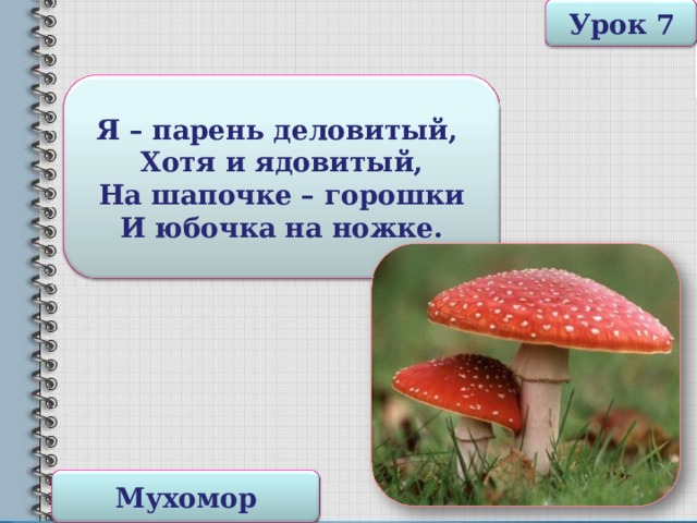 Урок 7 Я – парень деловитый, Хотя и ядовитый, На шапочке – горошки И юбочка на ножке. Мухомор 
