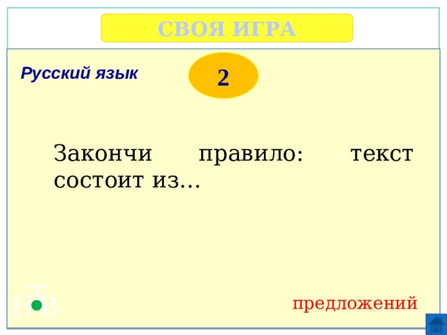СВОЯ ИГРА     2 Русский язык Закончи правило: текст состоит из… Т Н В предложений 