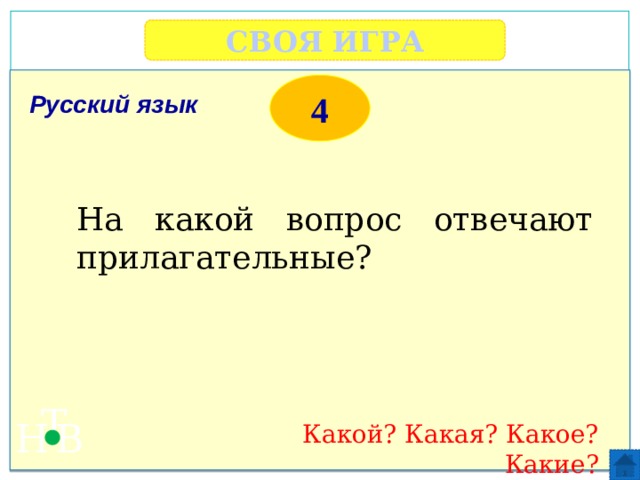 СВОЯ ИГРА     4 Русский язык На какой вопрос отвечают прилагательные? Т Н В Какой? Какая? Какое? Какие? 