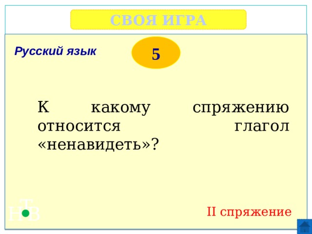 СВОЯ ИГРА     5 Русский язык К какому спряжению относится глагол «ненавидеть»? Т Н В II спряжение 