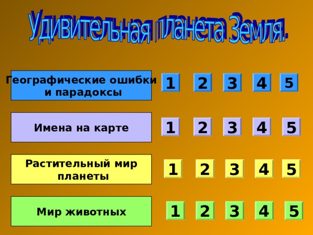 Географические ошибки  и парадоксы 1 2 3 4 5 Имена на карте 5 4 3 2 1 Растительный мир  планеты 1 2 3 4 5 Мир животных 1 2 3 4 5 