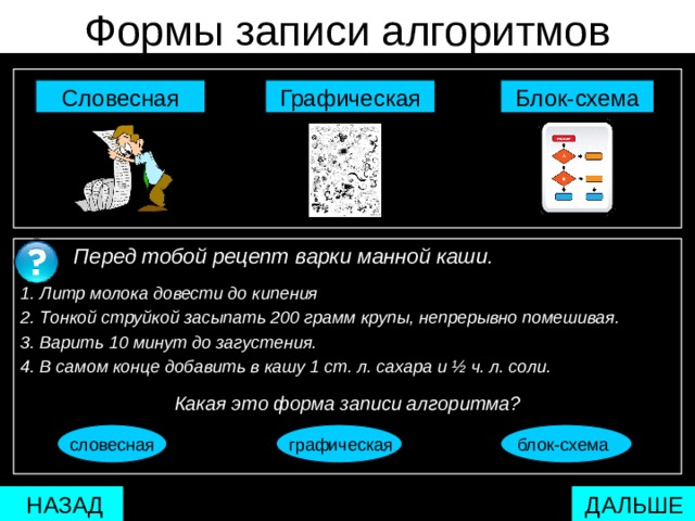 Формы записи алгоритмов Блок-схема Графическая Словесная  Перед тобой рецепт варки манной каши.  1. Литр молока довести до кипения 2. Тонкой струйкой засыпать 200 грамм крупы, непрерывно помешивая. 3. Варить 10 минут до загустения. 4. В самом конце добавить в кашу 1 ст. л. сахара и ½ ч. л. соли.  Какая это форма записи алгоритма?  словесная графическая  блок-схема  ДАЛЬШЕ  НАЗАД 