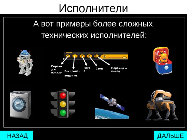 Исполнители А вот примеры более сложных технических исполнителей: Переход в начало Переход в конец Пауза Стоп Воспроиз- ведение  ДАЛЬШЕ  НАЗАД 