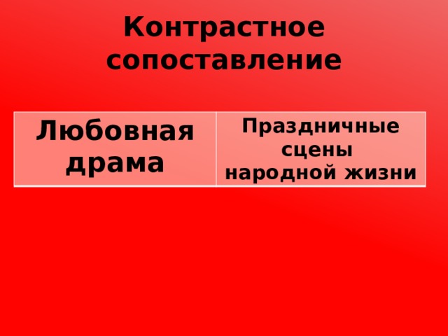 Контрастное сопоставление Любовная драма Праздничные сцены народной жизни 