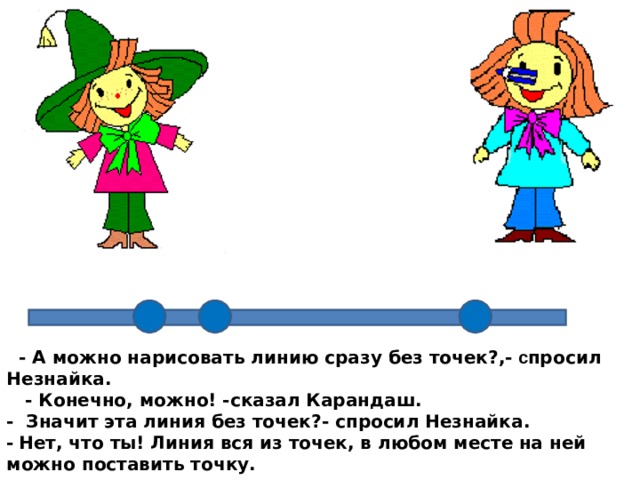  - А можно нарисовать линию сразу без точек?,- с просил Незнайка.  - Конечно, можно! -сказал Карандаш.  - Значит эта линия без точек?- спросил Незнайка.  -  Нет, что ты! Линия вся из точек, в любом месте  на ней можно поставить точку. 